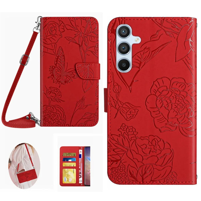 HT03 For Samsung Galaxy S24 FE Case Butterfly Flowers Leather Phone Cover with Shoulder Strap - Red - 1