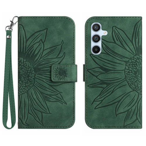 HT04 For Samsung Galaxy S24 FE Case Sunflower Phone Leather Cover with Hand Strap - Dark Green - 1