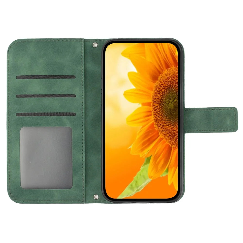 HT04 For Samsung Galaxy S24 FE Case Sunflower Phone Leather Cover with Hand Strap - Dark Green - 2