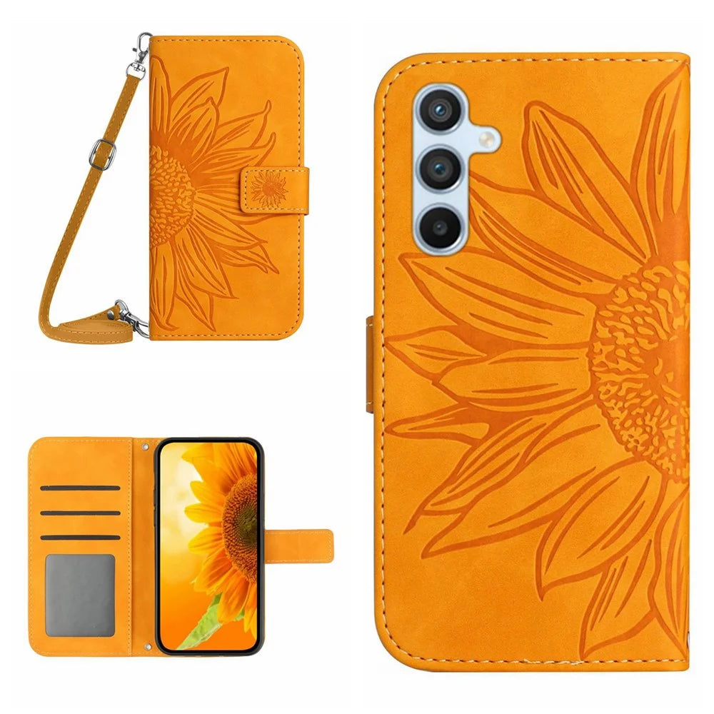 HT04 For Samsung Galaxy S24 FE Case Sunflower Leather Flip Phone Cover with Shoulder Strap - Yellow - 1