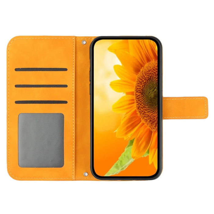HT04 For Samsung Galaxy S24 FE Case Sunflower Leather Flip Phone Cover with Shoulder Strap - Yellow - 2