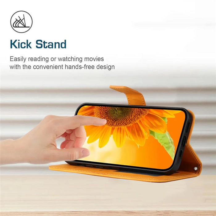 HT04 For Samsung Galaxy S24 FE Case Sunflower Leather Flip Phone Cover with Shoulder Strap - Yellow - 3