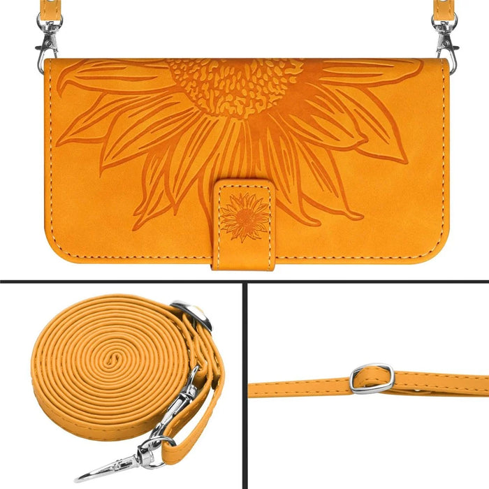 HT04 For Samsung Galaxy S24 FE Case Sunflower Leather Flip Phone Cover with Shoulder Strap - Yellow - 5