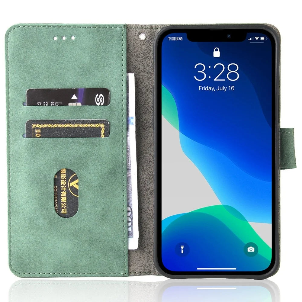 PU Leather Wallet Folio Flip Case for iPhone 14 Pro, Skin-touch Feeling Foldable Stand Protective Phone Cover - Green - 2