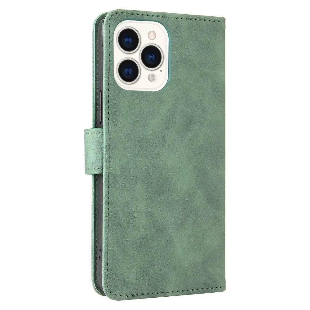 PU Leather Wallet Folio Flip Case for iPhone 14 Pro, Skin-touch Feeling Foldable Stand Protective Phone Cover - Green - 5