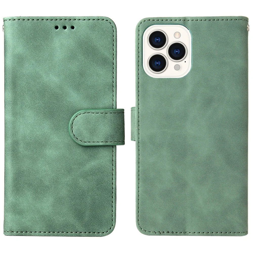 For iPhone 14 Pro Max Skin-touch Feeling PU Leather Case Stand Wallet Full Protection Inner TPU Phone Cover - Green - 1