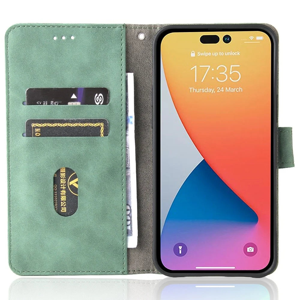 For iPhone 14 Pro Max Skin-touch Feeling PU Leather Case Stand Wallet Full Protection Inner TPU Phone Cover - Green - 2