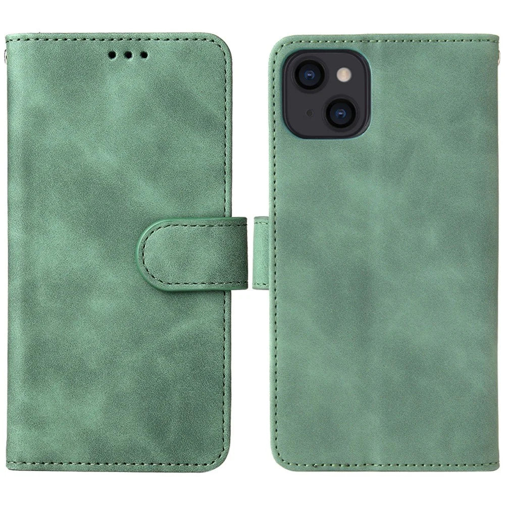 For iPhone 14 Anti-scratch PU Leather Case Skin-touch Feeling Stand Wallet Phone Cover - Green - 1