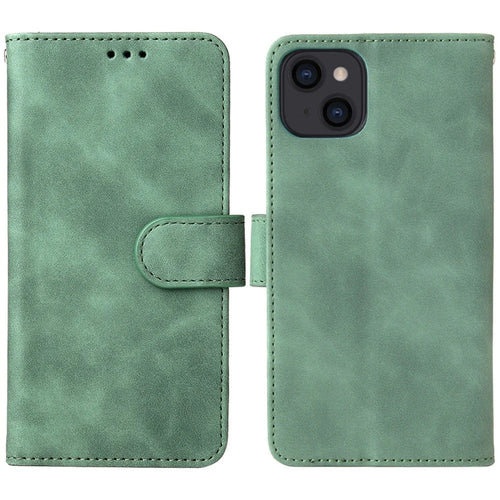 For iPhone 14 Anti-scratch PU Leather Case Skin-touch Feeling Stand Wallet Phone Cover - Green - 1