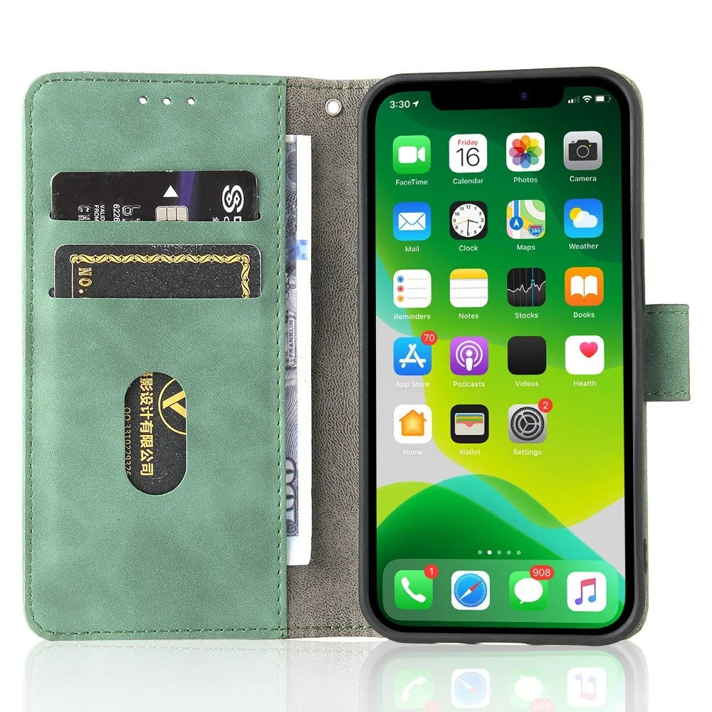 For iPhone 14 Anti-scratch PU Leather Case Skin-touch Feeling Stand Wallet Phone Cover - Green - 2