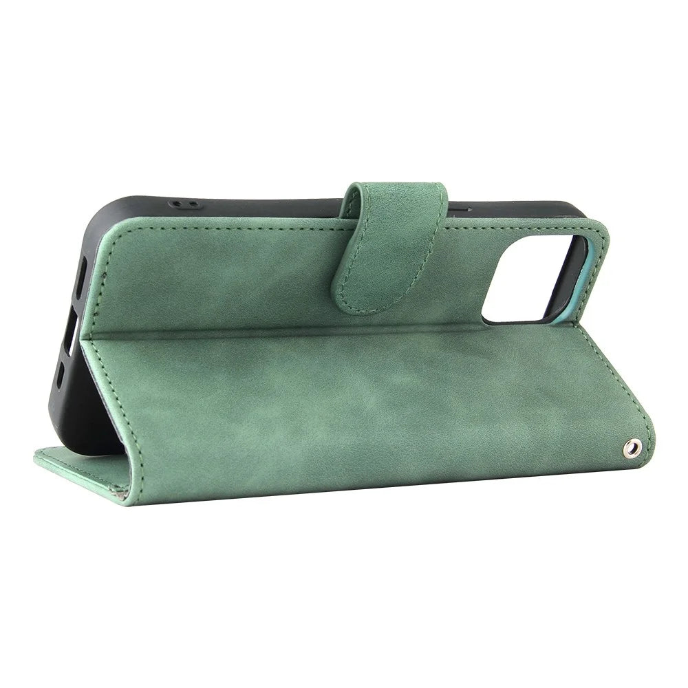 For iPhone 14 Anti-scratch PU Leather Case Skin-touch Feeling Stand Wallet Phone Cover - Green - 3