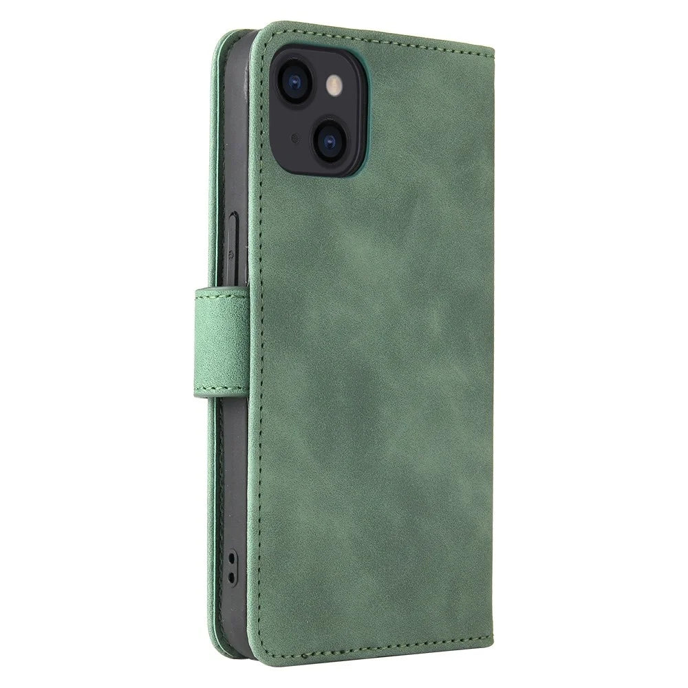 For iPhone 14 Anti-scratch PU Leather Case Skin-touch Feeling Stand Wallet Phone Cover - Green - 5
