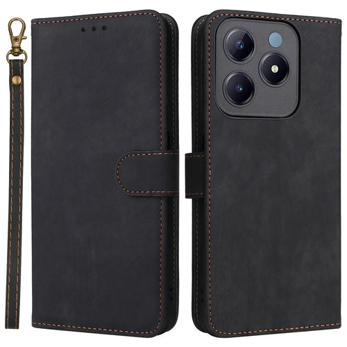 For Realme Note 60x 4G / C63 4G / C61 4G / Narzo N63 4G Stand Case RFID Blocking Leather Phone Cover with Strap - Black - 1
