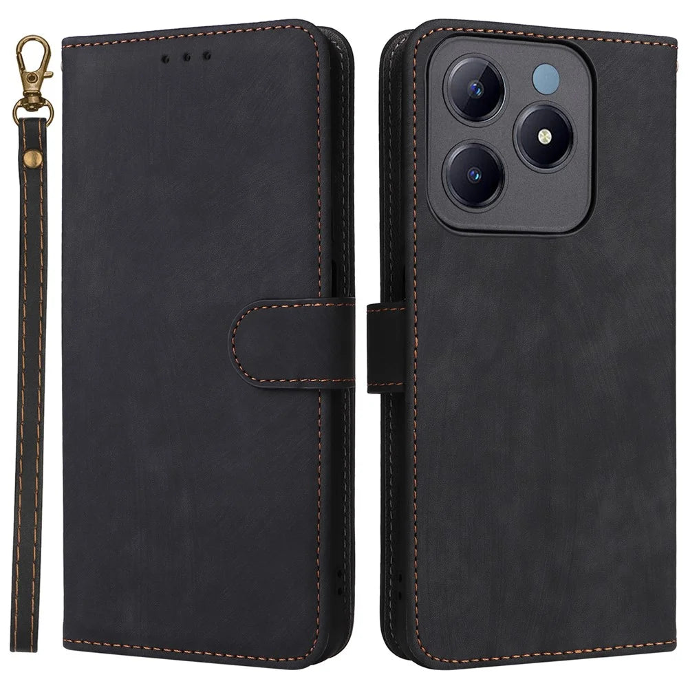 For Realme Note 60x 4G / C63 4G / C61 4G / Narzo N63 4G Stand Case RFID Blocking Leather Phone Cover with Strap - Black - 1
