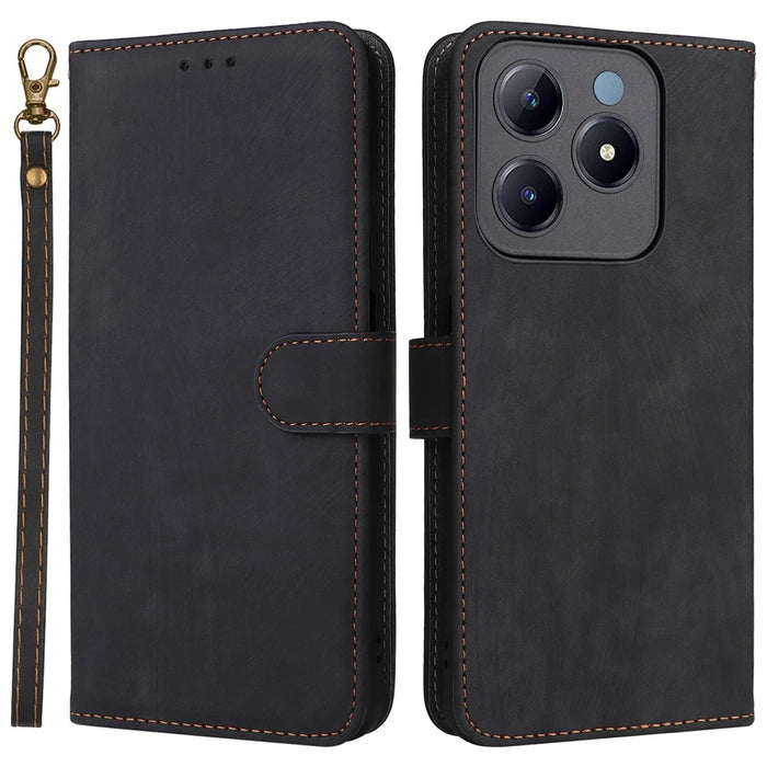 For Realme Note 60x 4G / C63 4G / C61 4G / Narzo N63 4G Stand Case RFID Blocking Leather Phone Cover with Strap - Black - 1