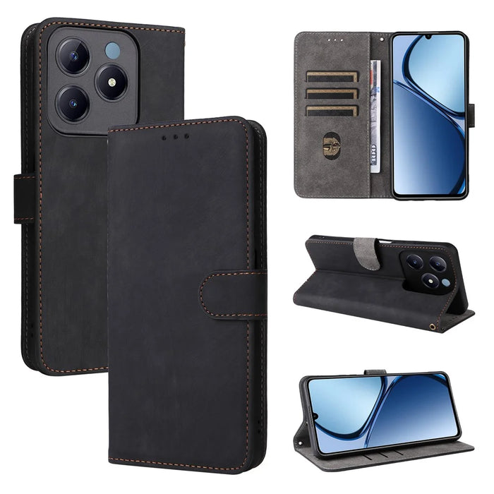 For Realme Note 60x 4G / C63 4G / C61 4G / Narzo N63 4G Stand Case RFID Blocking Leather Phone Cover with Strap - Black - 6