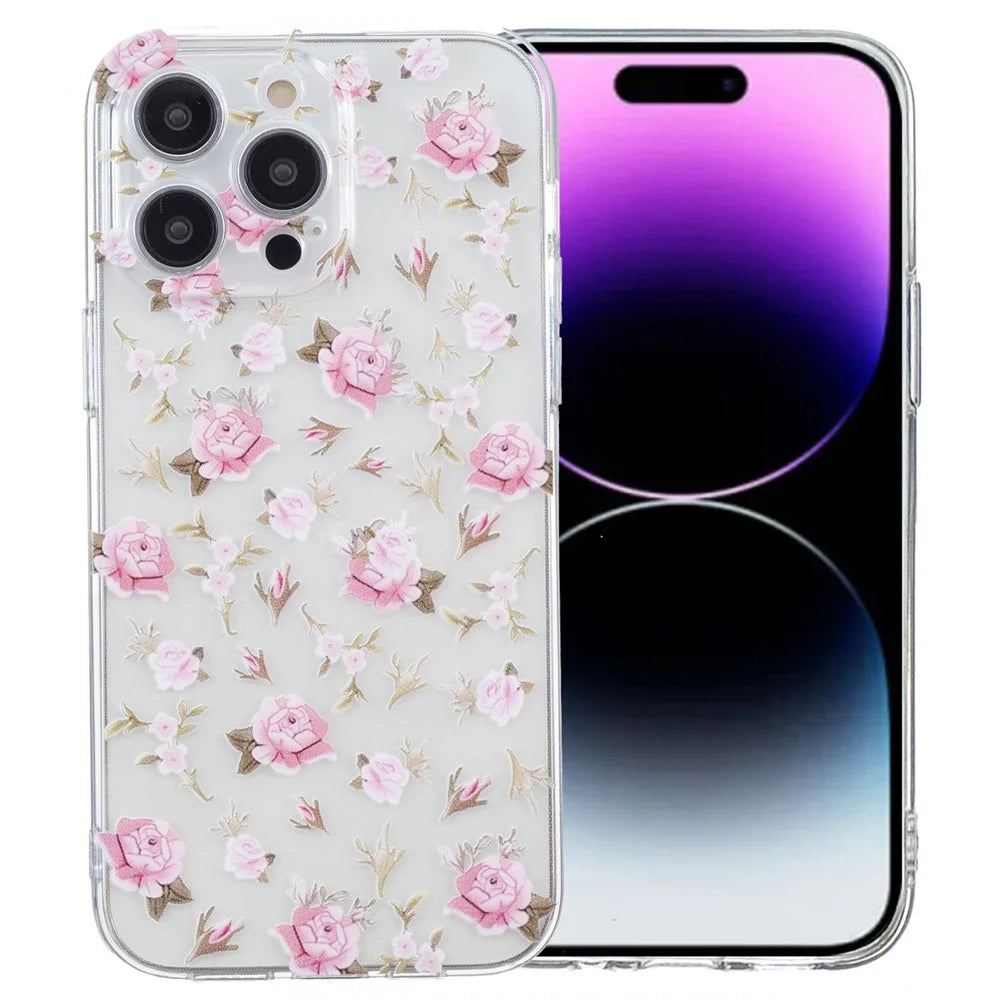 For iPhone 16 Pro Case Transparent Edge TPU Phone Cover Pattern Printing - Pink Flower - 1