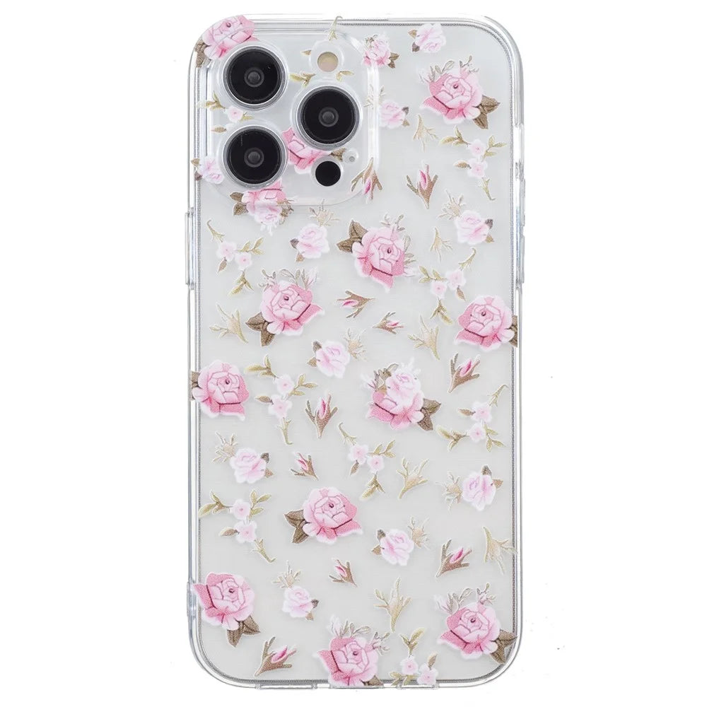 For iPhone 16 Pro Case Transparent Edge TPU Phone Cover Pattern Printing - Pink Flower - 2