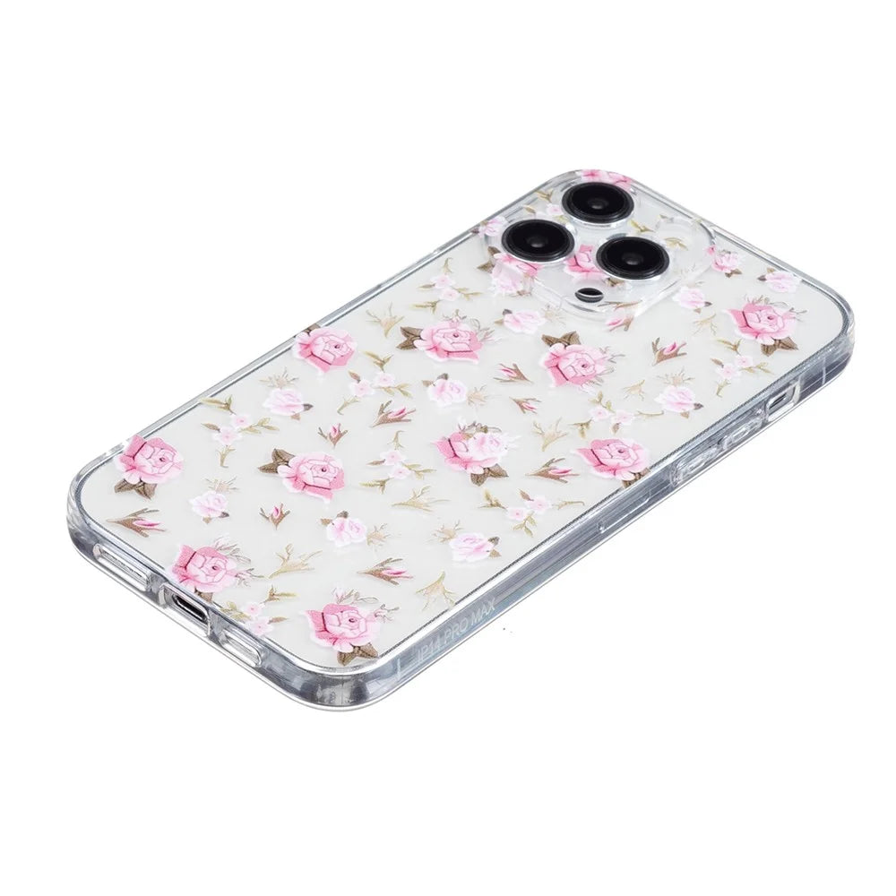 For iPhone 16 Pro Case Transparent Edge TPU Phone Cover Pattern Printing - Pink Flower - 3