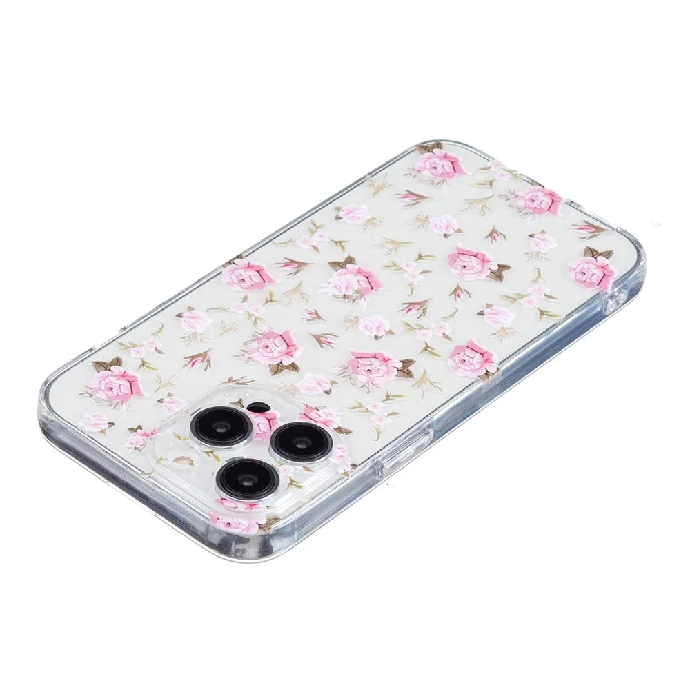 For iPhone 16 Pro Case Transparent Edge TPU Phone Cover Pattern Printing - Pink Flower - 4