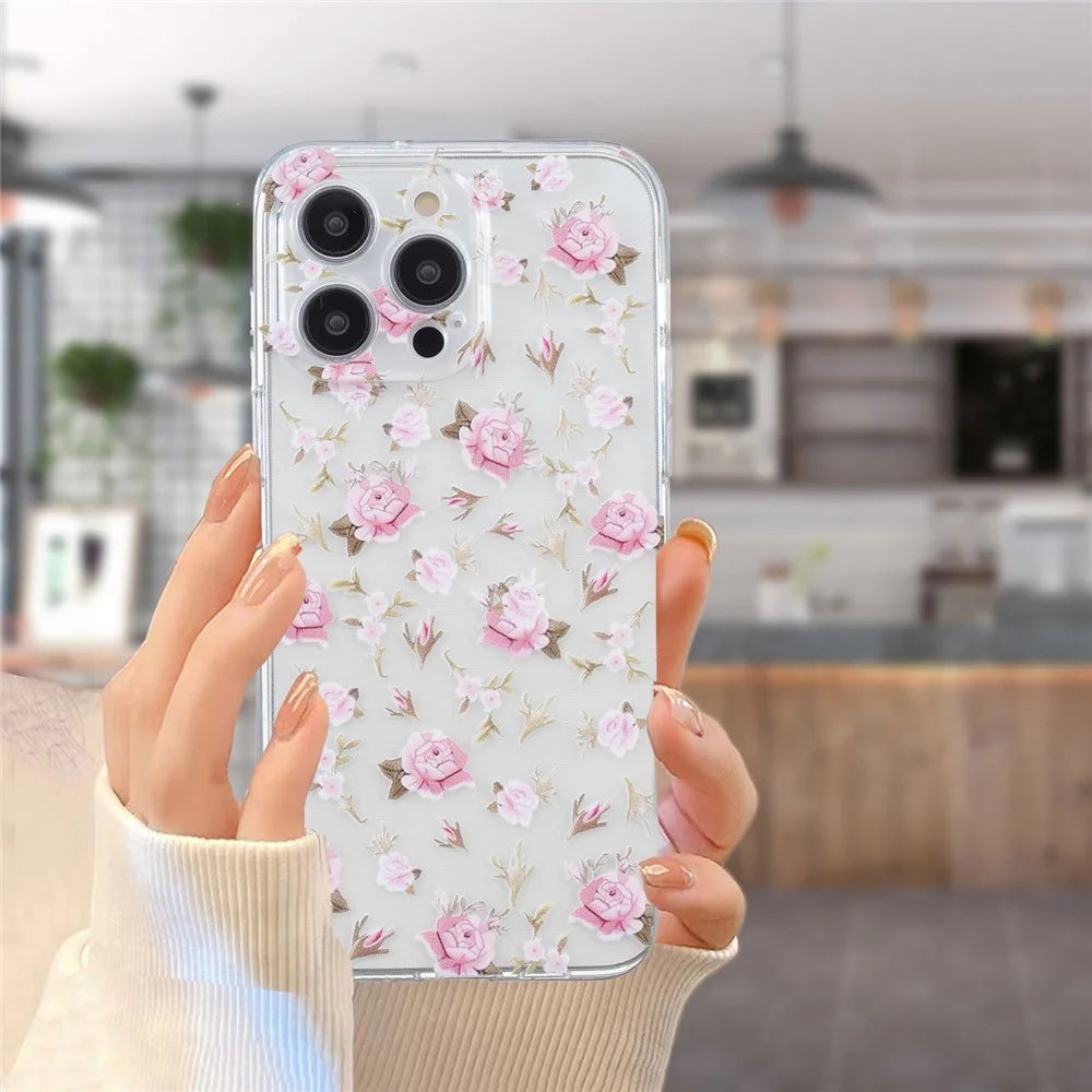 For iPhone 16 Pro Case Transparent Edge TPU Phone Cover Pattern Printing - Pink Flower - 5