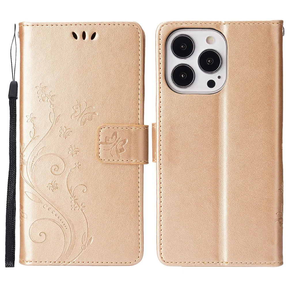 For iPhone 16 Pro Max Case Leather Phone Cover Butterfly Flower Pattern - Gold - 1