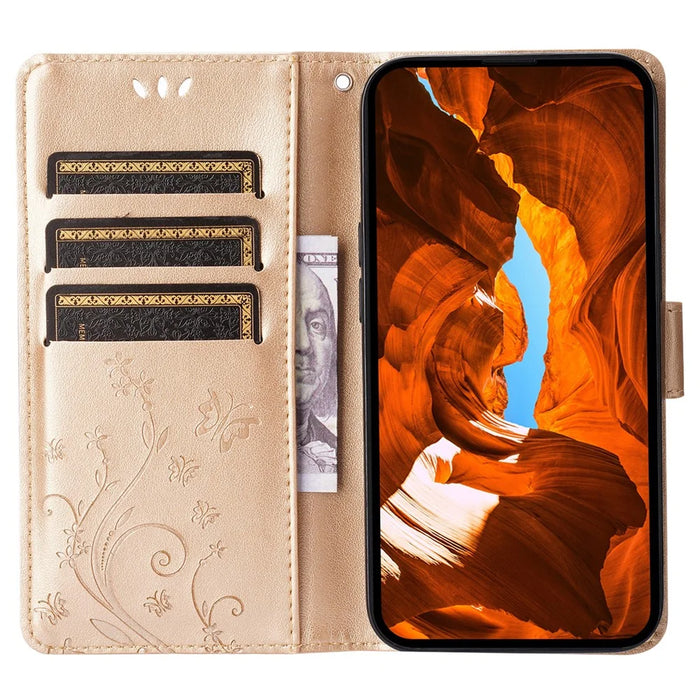 For iPhone 16 Pro Max Case Leather Phone Cover Butterfly Flower Pattern - Gold - 2