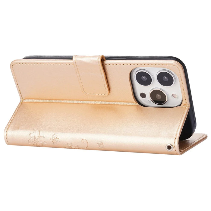 For iPhone 16 Pro Max Case Leather Phone Cover Butterfly Flower Pattern - Gold - 3