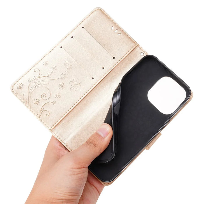 For iPhone 16 Pro Max Case Leather Phone Cover Butterfly Flower Pattern - Gold - 5