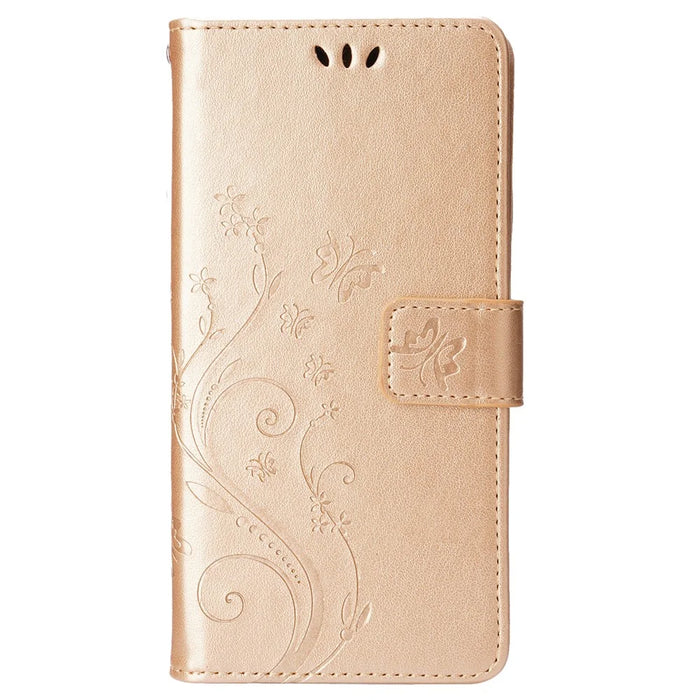 For iPhone 16 Pro Max Case Leather Phone Cover Butterfly Flower Pattern - Gold - 6