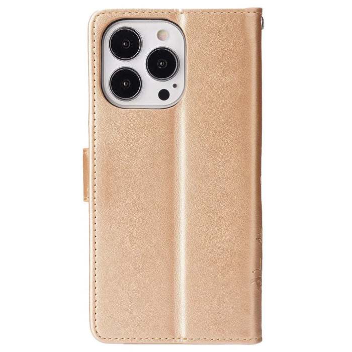 For iPhone 16 Pro Max Case Leather Phone Cover Butterfly Flower Pattern - Gold - 7