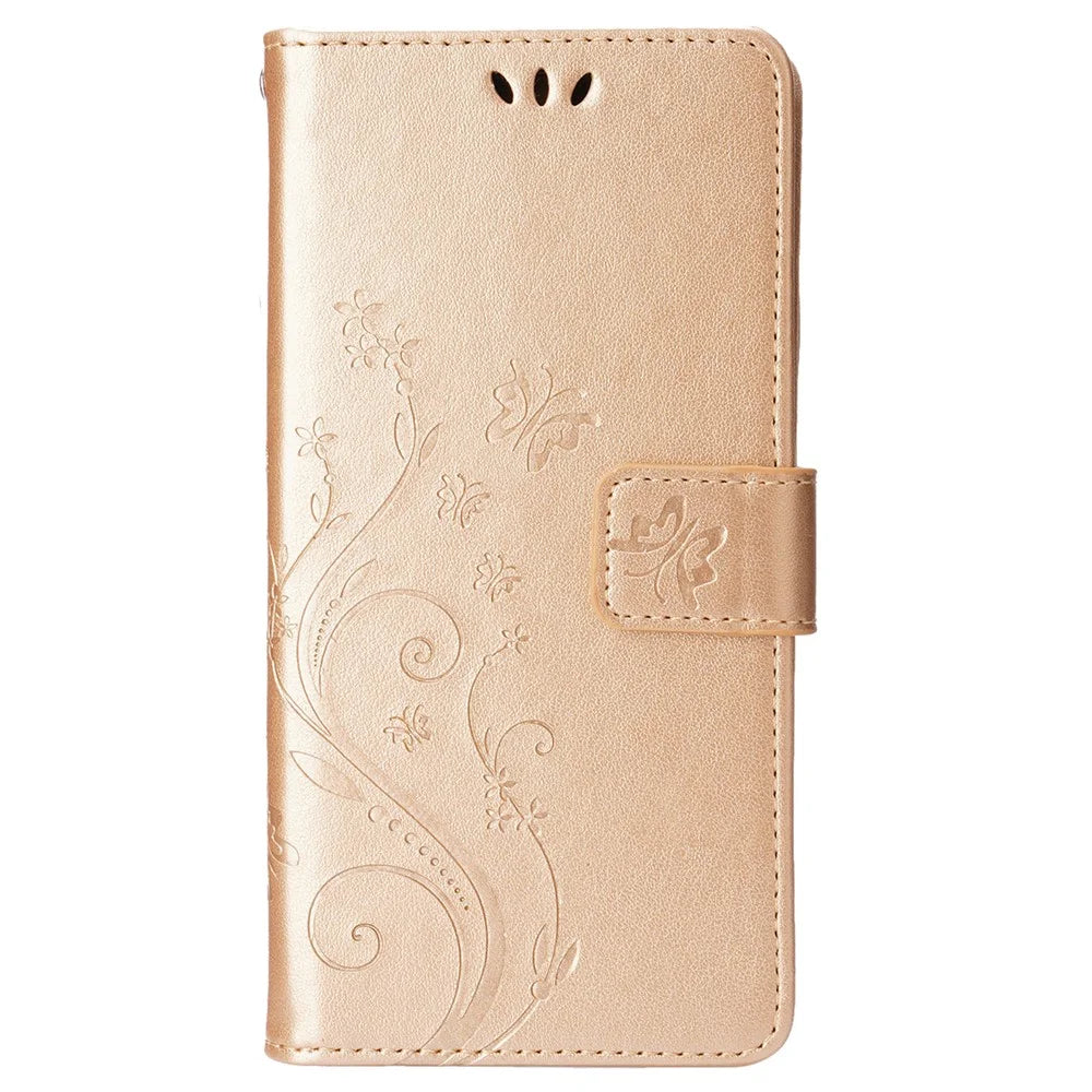 For iPhone 16 Pro Case Shockproof Butterfly Floral Leather Flip Phone Cover - Gold - 6