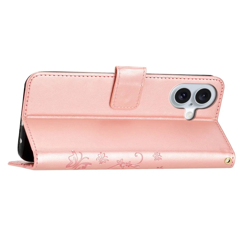 For iPhone 16 Plus Case Wallet PU Leather Butterfly Floral Phone Cover with Strap - Rose Gold - 3