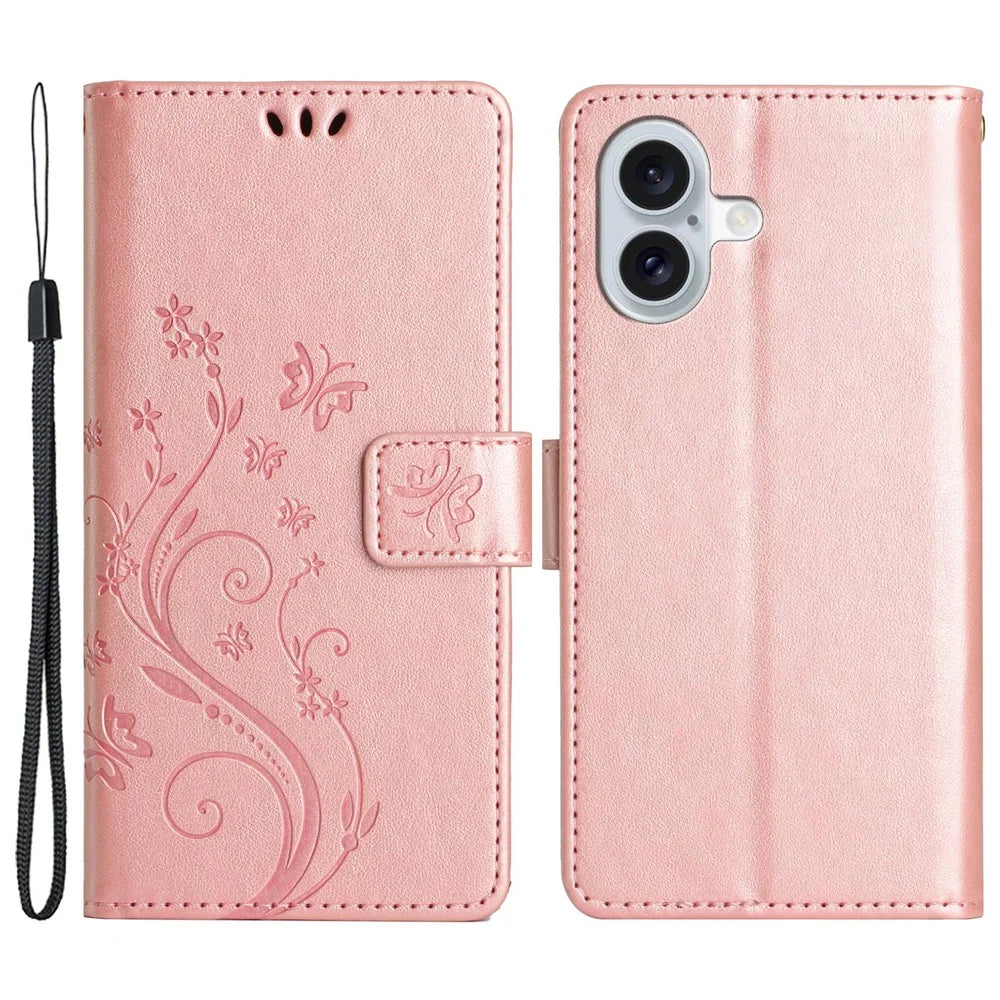For iPhone 16 Case Flip Shockproof Butterfly Floral Leather Phone Cover - Rose Gold - 1