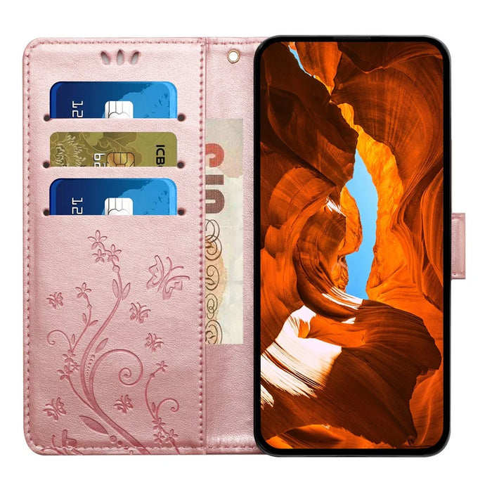 For iPhone 16 Case Flip Shockproof Butterfly Floral Leather Phone Cover - Rose Gold - 2