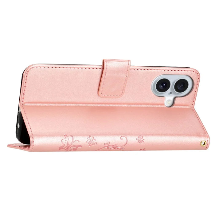 For iPhone 16 Case Flip Shockproof Butterfly Floral Leather Phone Cover - Rose Gold - 3