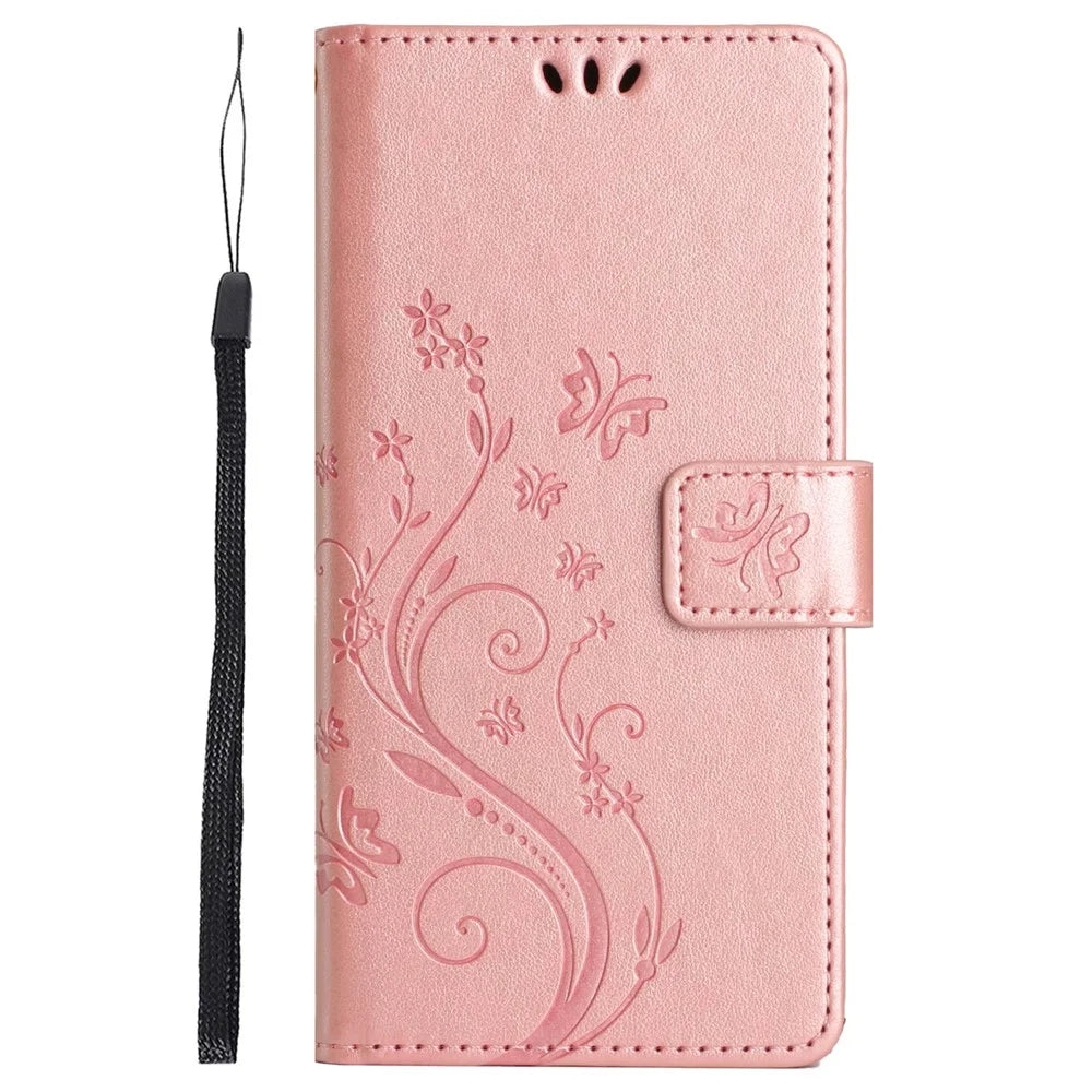 For iPhone 16 Case Flip Shockproof Butterfly Floral Leather Phone Cover - Rose Gold - 6