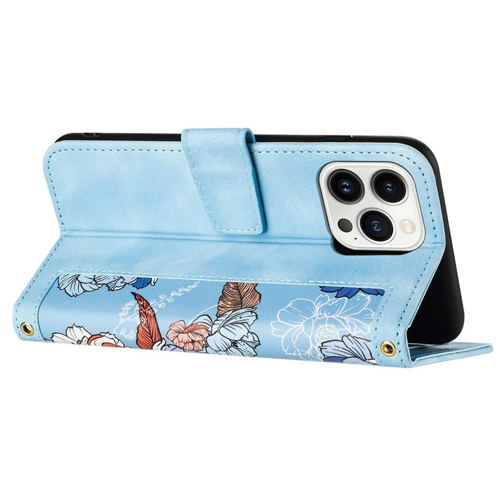 For iPhone 16 Pro Max Case Card Holder Pattern Printed PU Leather Phone Cover - Baby Blue - 3