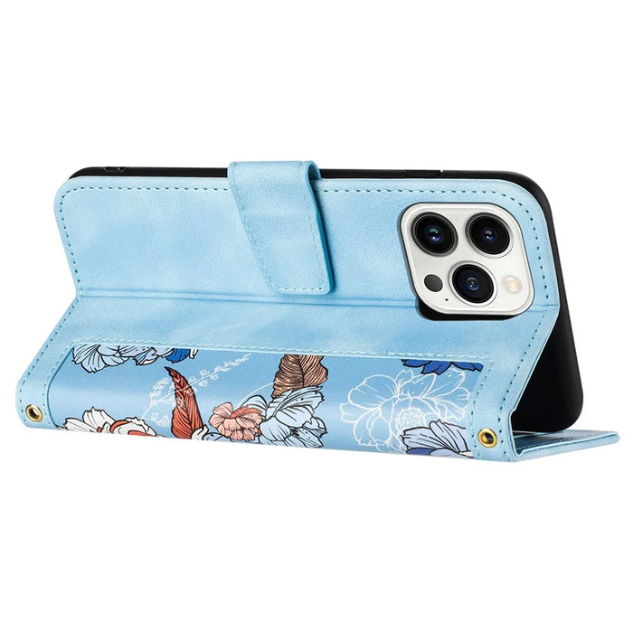 For iPhone 16 Pro Max Case Card Holder Pattern Printed PU Leather Phone Cover - Baby Blue - 3