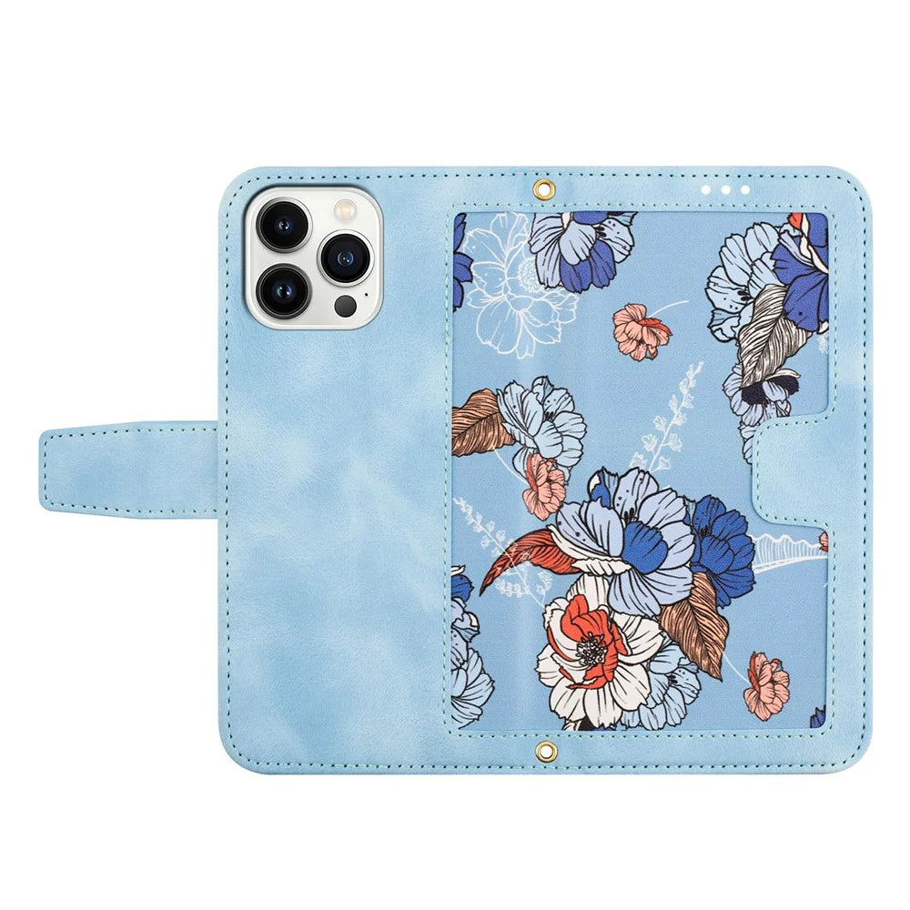 For iPhone 16 Pro Max Case Card Holder Pattern Printed PU Leather Phone Cover - Baby Blue - 5
