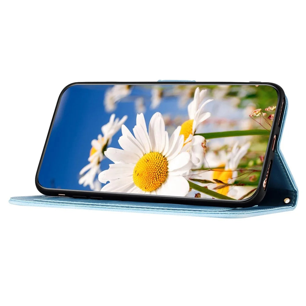 For iPhone 16 Pro Case Card Holder Stand PU Leather Floral Phone Cover - Baby Blue - 4
