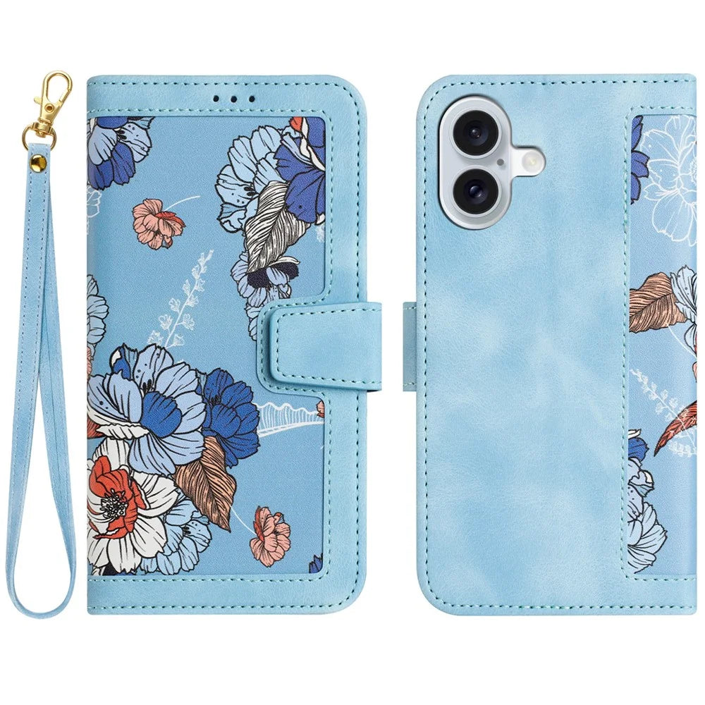 For iPhone 16 Plus Case Card Slots Flower Pattern Flip Leather Phone Cover - Baby Blue - 1