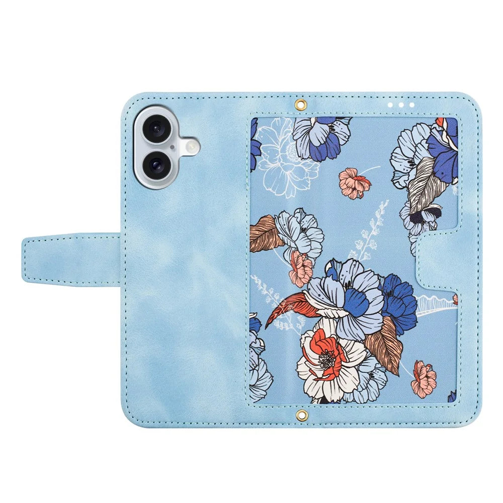 For iPhone 16 Plus Case Card Slots Flower Pattern Flip Leather Phone Cover - Baby Blue - 5