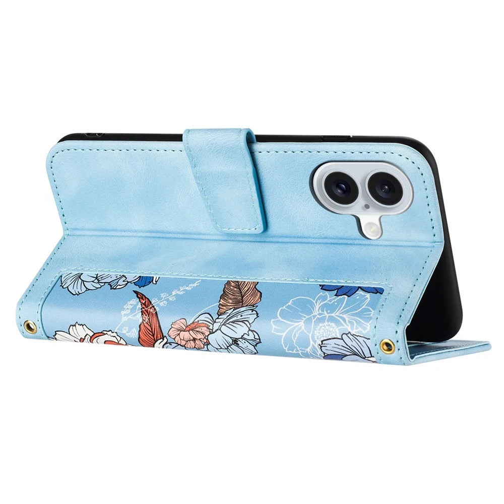 For iPhone 16 Case Flower Pattern PU Leather Phone Cover with Card Slots - Baby Blue - 3