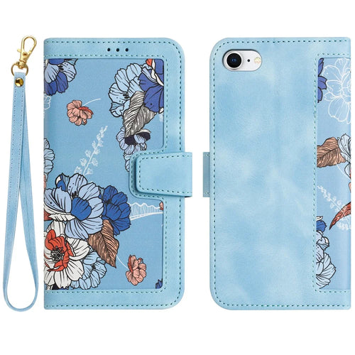 For iPhone 17e / 16e Case PU Leather Floral Phone Cover with Card Slots - Baby Blue - 1
