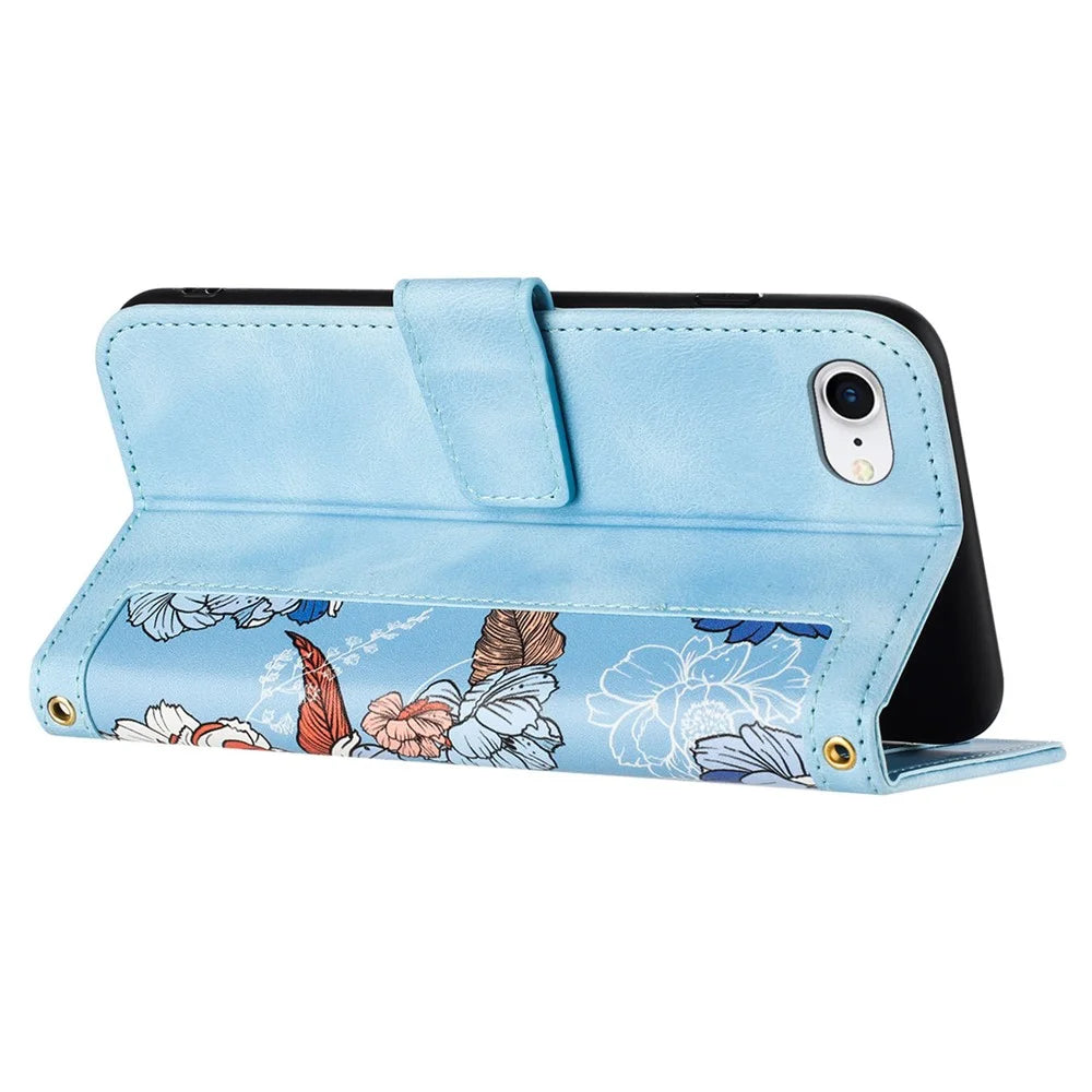 For iPhone 17e / 16e Case PU Leather Floral Phone Cover with Card Slots - Baby Blue - 3