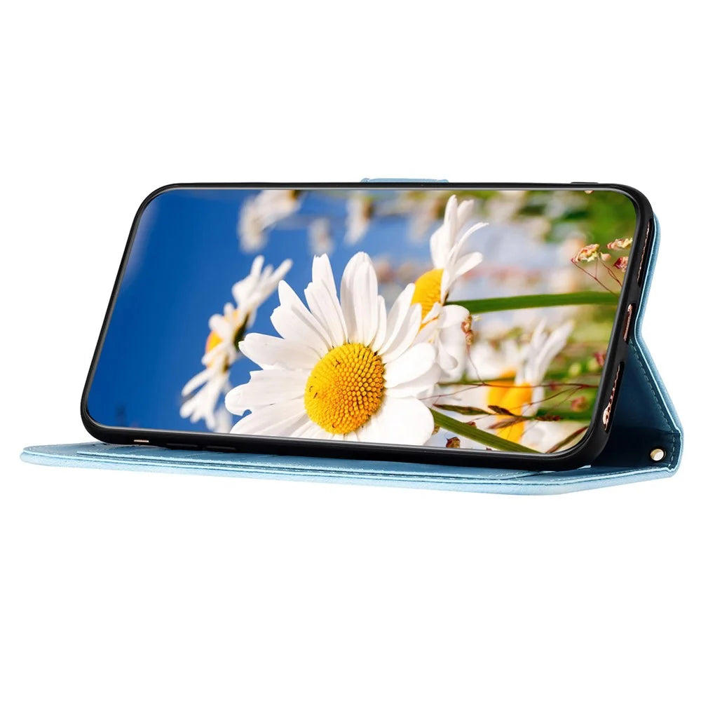 For iPhone 17e / 16e Case PU Leather Floral Phone Cover with Card Slots - Baby Blue - 4