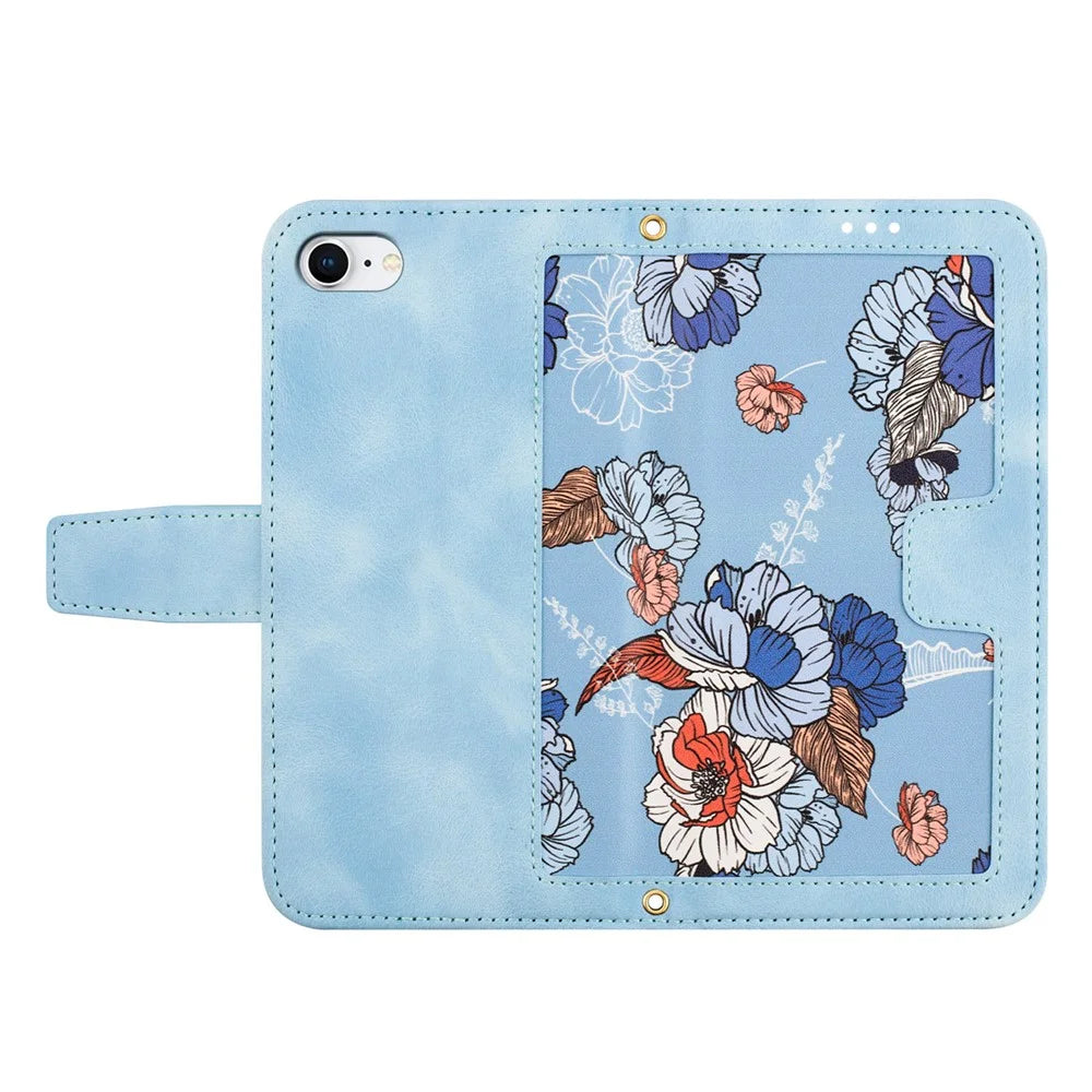 For iPhone 17e / 16e Case PU Leather Floral Phone Cover with Card Slots - Baby Blue - 5