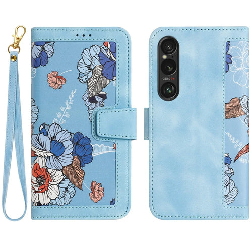 For Sony Xperia 1 VI Case Flower Pattern Card Slots Leather Phone Cover - Baby Blue - 1