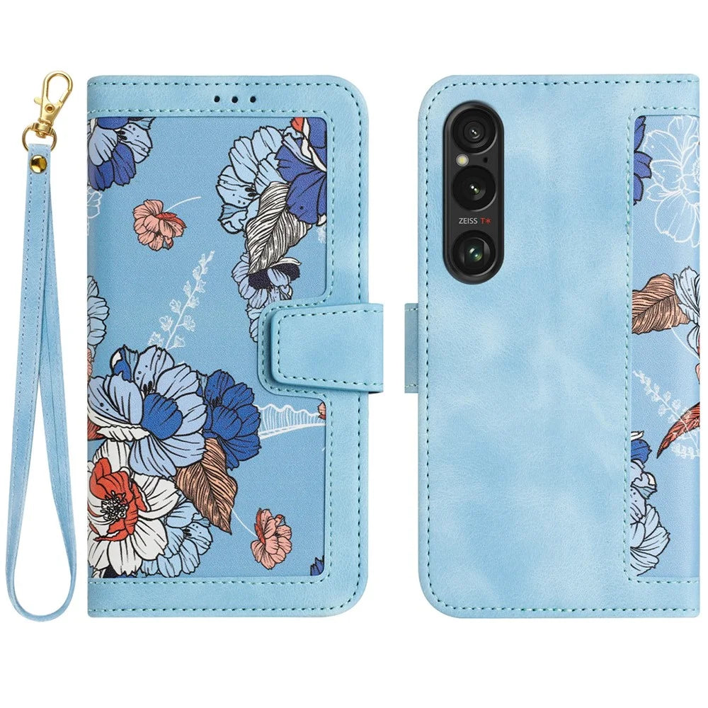 For Sony Xperia 1 VI Case Flower Pattern Card Slots Leather Phone Cover - Baby Blue - 1